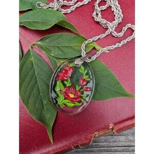 Vintage Floral Cameo Necklace, Glass Intaglio Pendant